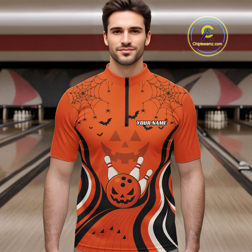 Custom Orange Jack O Lantern And Spider Web Halloween Bowling Men Quarter Zip Shirt IPHW11990