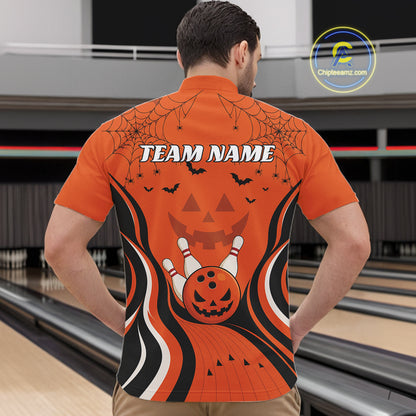 Custom Orange Jack O Lantern And Spider Web Halloween Bowling Men Quarter Zip Shirt IPHW11990