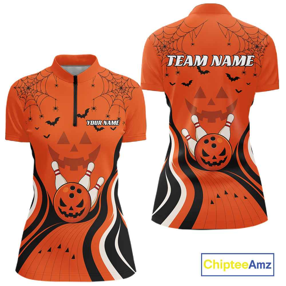 Custom Orange Jack O Lantern And Spider Web Halloween Bowling Women Quarter-Zip Shirt IPHW11990