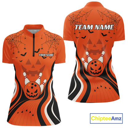 Custom Orange Jack O Lantern And Spider Web Halloween Bowling Women Quarter-Zip Shirt IPHW11990