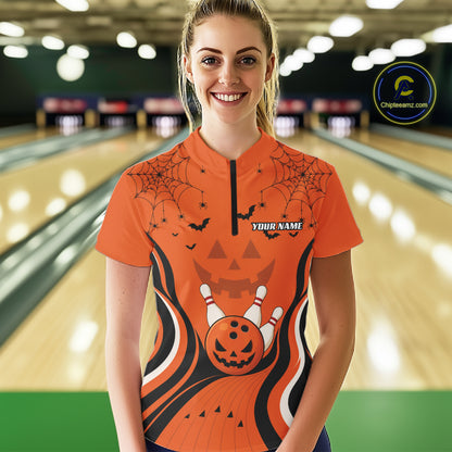 Custom Orange Jack O Lantern And Spider Web Halloween Bowling Women Quarter-Zip Shirt IPHW11990
