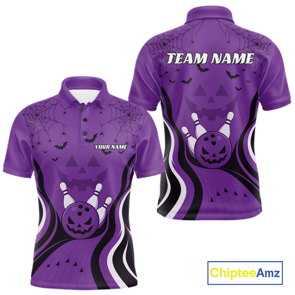 Custom Purple Jack O Lantern And Spider Web Halloween Bowling Men Polo Shirt IPHW11991