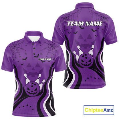 Custom Purple Jack O Lantern And Spider Web Halloween Bowling Men Polo Shirt IPHW11991