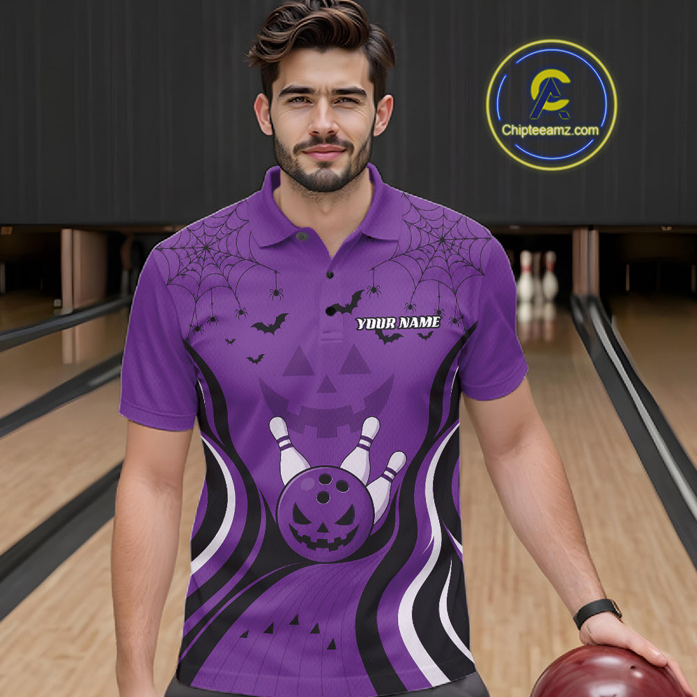 Custom Purple Jack O Lantern And Spider Web Halloween Bowling Men Polo Shirt IPHW11991