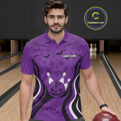 Custom Purple Jack O Lantern And Spider Web Halloween Bowling Men Polo Shirt IPHW11991