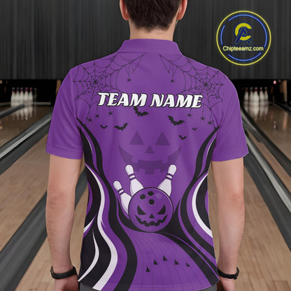 Custom Purple Jack O Lantern And Spider Web Halloween Bowling Men Polo Shirt IPHW11991