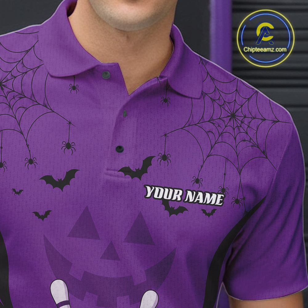 Custom Purple Jack O Lantern And Spider Web Halloween Bowling Men Polo Shirt IPHW11991