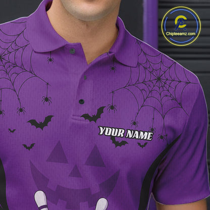 Custom Purple Jack O Lantern And Spider Web Halloween Bowling Men Polo Shirt IPHW11991
