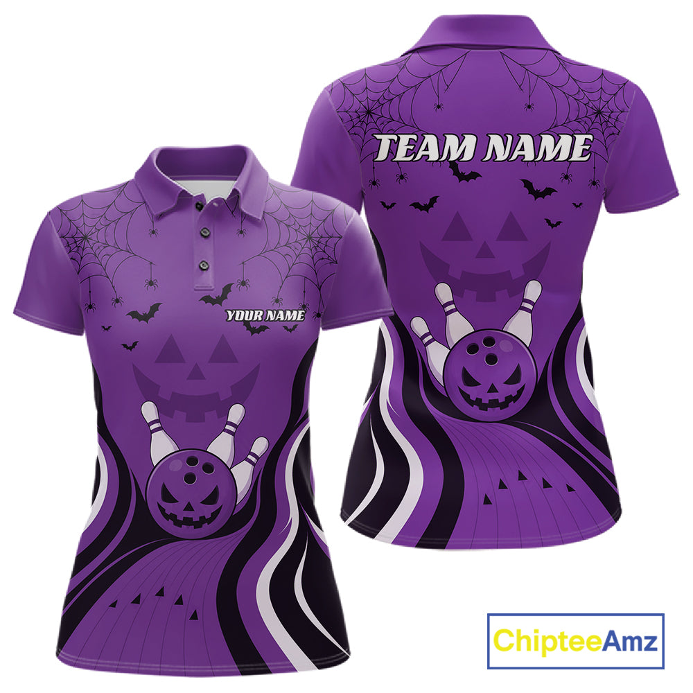 Custom Purple Jack O Lantern And Spider Web Halloween Bowling Women Polo Shirt IPHW11991