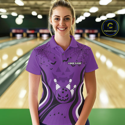 Custom Purple Jack O Lantern And Spider Web Halloween Bowling Women Polo Shirt IPHW11991