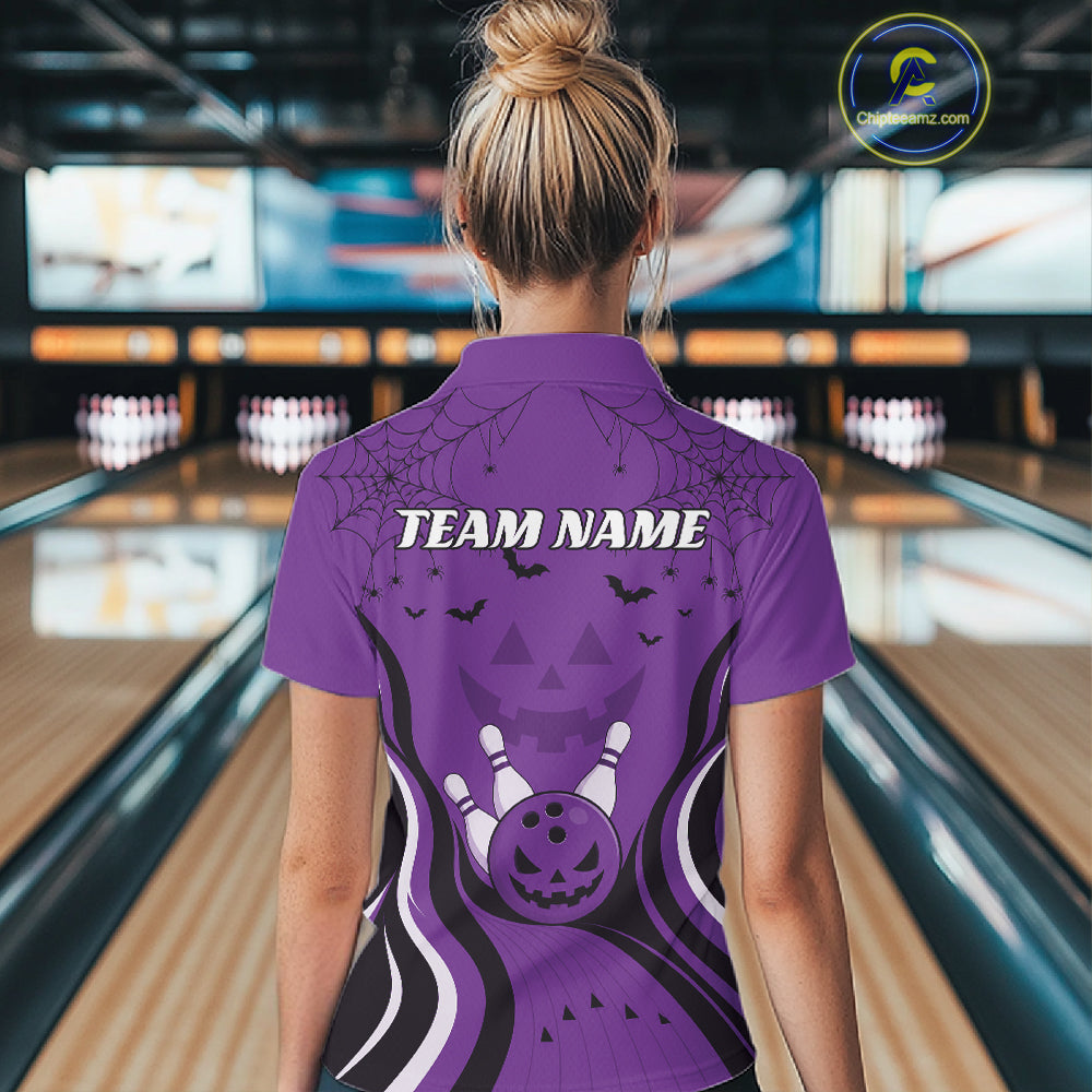 Custom Purple Jack O Lantern And Spider Web Halloween Bowling Women Polo Shirt IPHW11991
