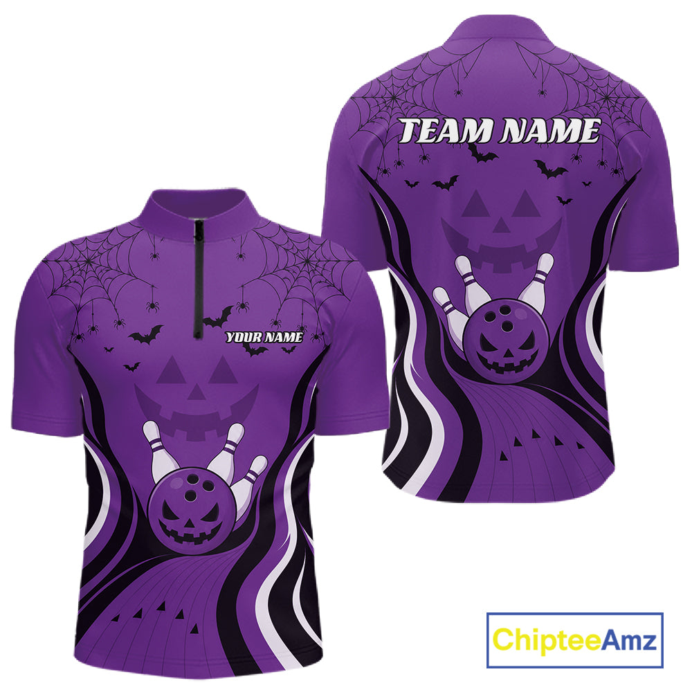 Custom Purple Jack O Lantern And Spider Web Halloween Bowling Men Quarter Zip Shirt IPHW11991