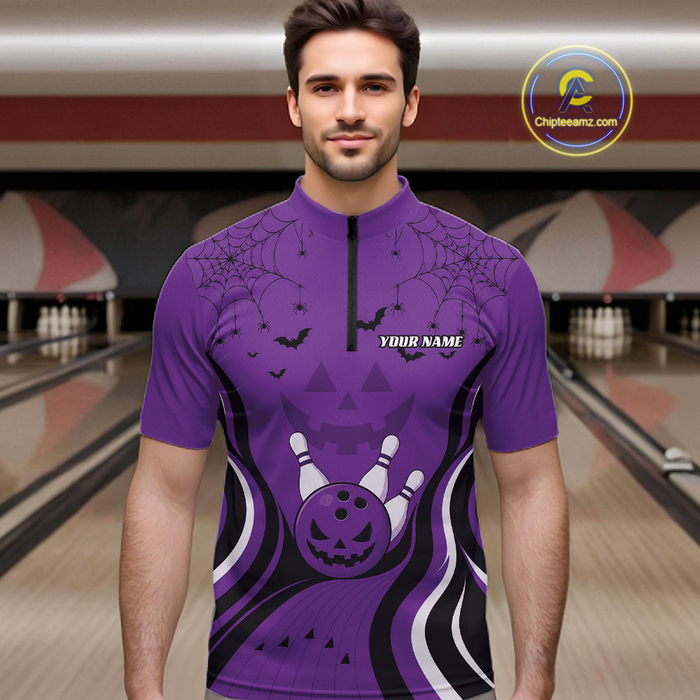 Custom Purple Jack O Lantern And Spider Web Halloween Bowling Men Quarter Zip Shirt IPHW11991