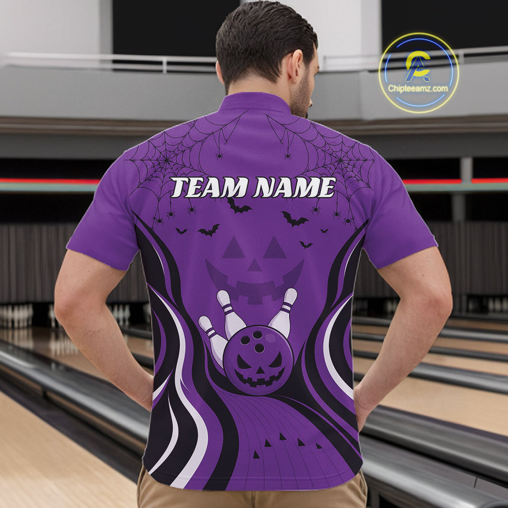 Custom Purple Jack O Lantern And Spider Web Halloween Bowling Men Quarter Zip Shirt IPHW11991