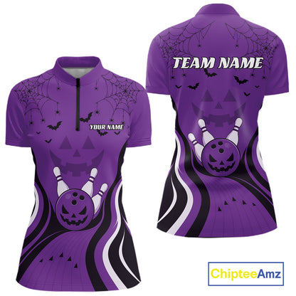 Custom Purple Jack O Lantern And Spider Web Halloween Bowling Women Quarter-Zip Shirt IPHW11991