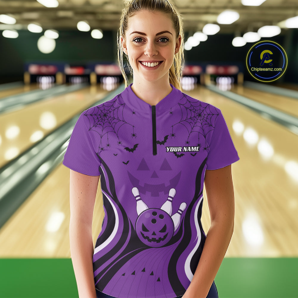 Custom Purple Jack O Lantern And Spider Web Halloween Bowling Women Quarter-Zip Shirt IPHW11991