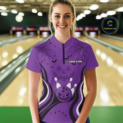 Custom Purple Jack O Lantern And Spider Web Halloween Bowling Women Quarter-Zip Shirt IPHW11991