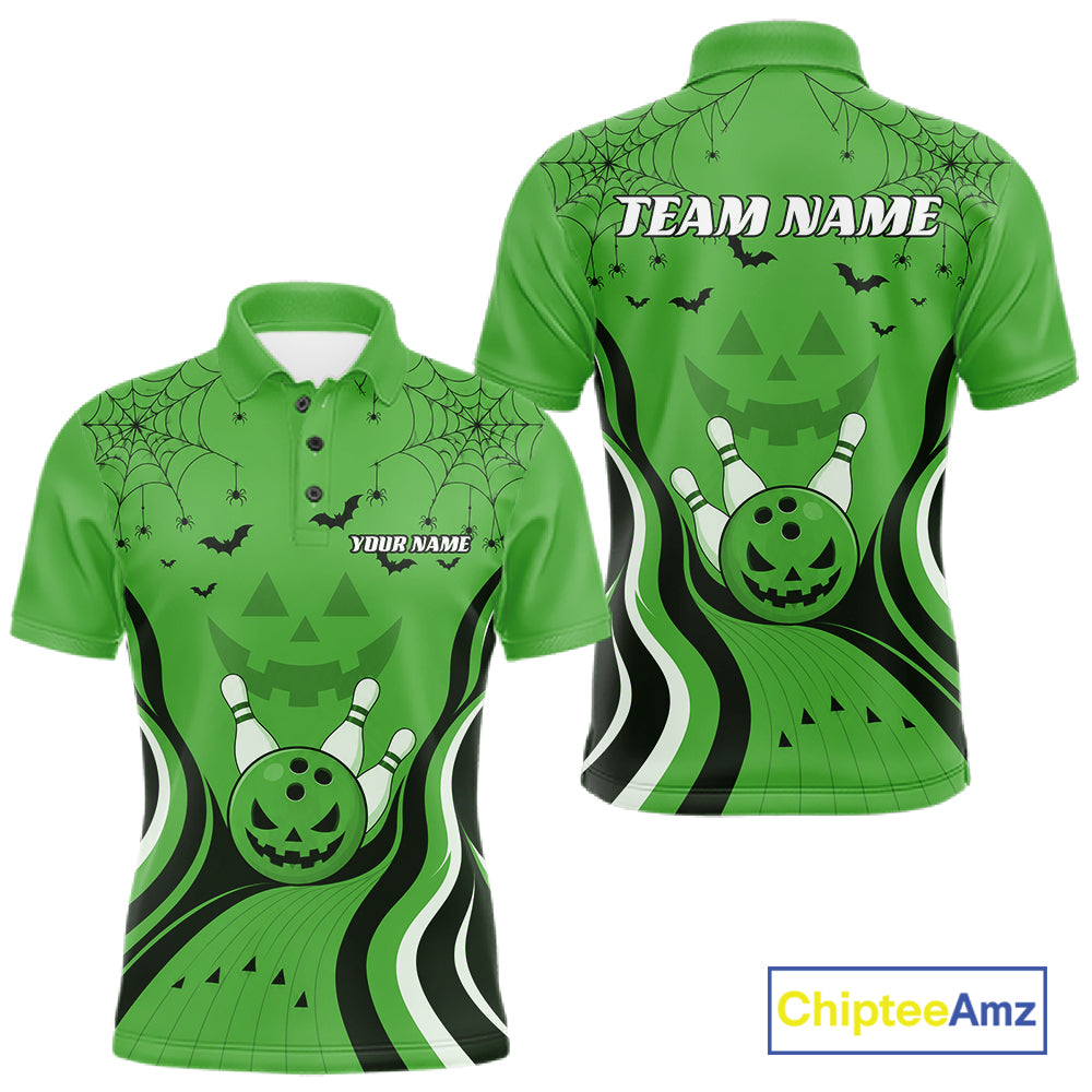 Custom Green Jack O Lantern And Spider Web Halloween Bowling Men Polo Shirt IPHW11992