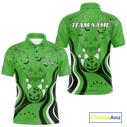 Custom Green Jack O Lantern And Spider Web Halloween Bowling Men Polo Shirt IPHW11992
