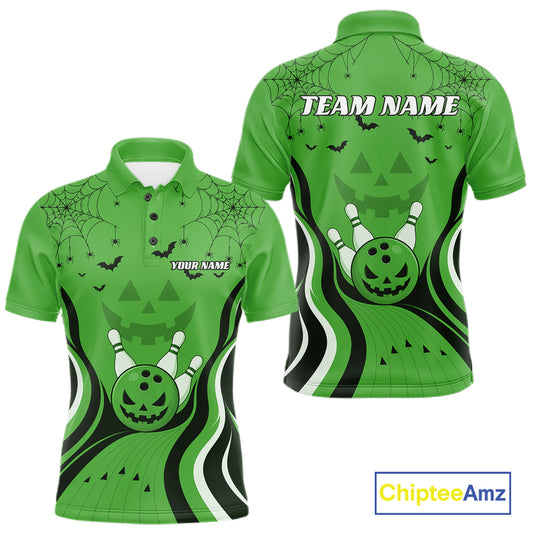 Custom Green Jack O Lantern And Spider Web Halloween Bowling Men Polo Shirt IPHW11992