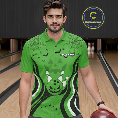 Custom Green Jack O Lantern And Spider Web Halloween Bowling Men Polo Shirt IPHW11992