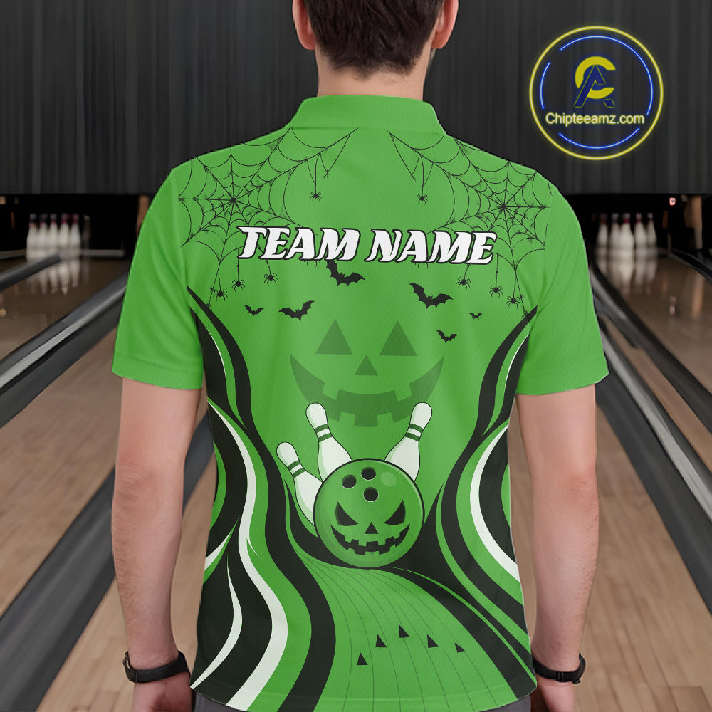 Custom Green Jack O Lantern And Spider Web Halloween Bowling Men Polo Shirt IPHW11992
