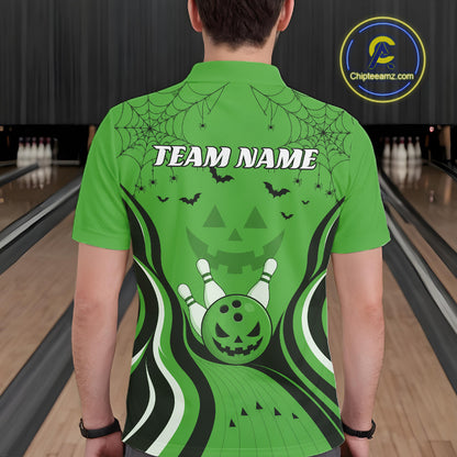 Custom Green Jack O Lantern And Spider Web Halloween Bowling Men Polo Shirt IPHW11992