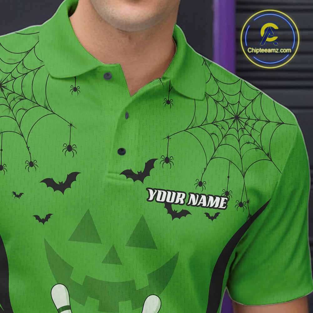 Custom Green Jack O Lantern And Spider Web Halloween Bowling Men Polo Shirt IPHW11992