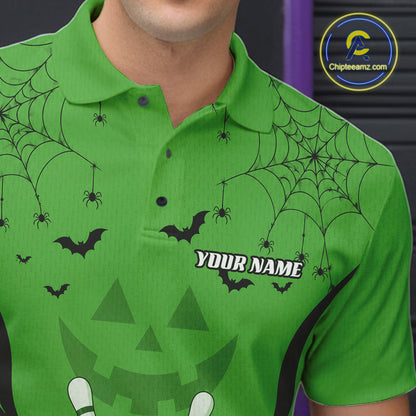 Custom Green Jack O Lantern And Spider Web Halloween Bowling Men Polo Shirt IPHW11992