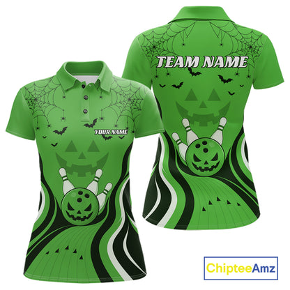 Custom Green Jack O Lantern And Spider Web Halloween Bowling Women Polo Shirt IPHW11992