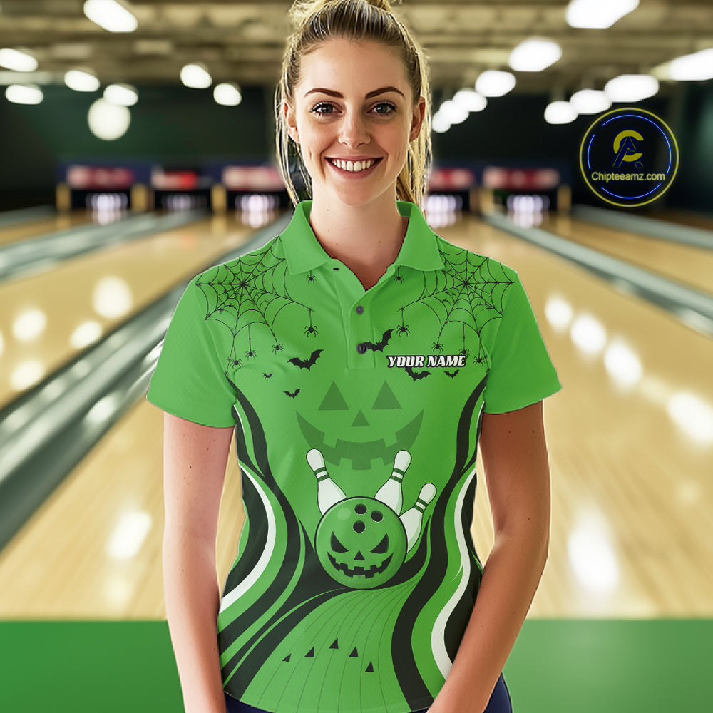 Custom Green Jack O Lantern And Spider Web Halloween Bowling Women Polo Shirt IPHW11992