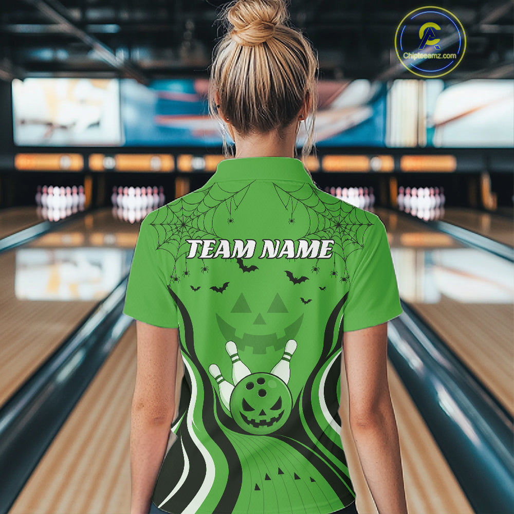 Custom Green Jack O Lantern And Spider Web Halloween Bowling Women Polo Shirt IPHW11992