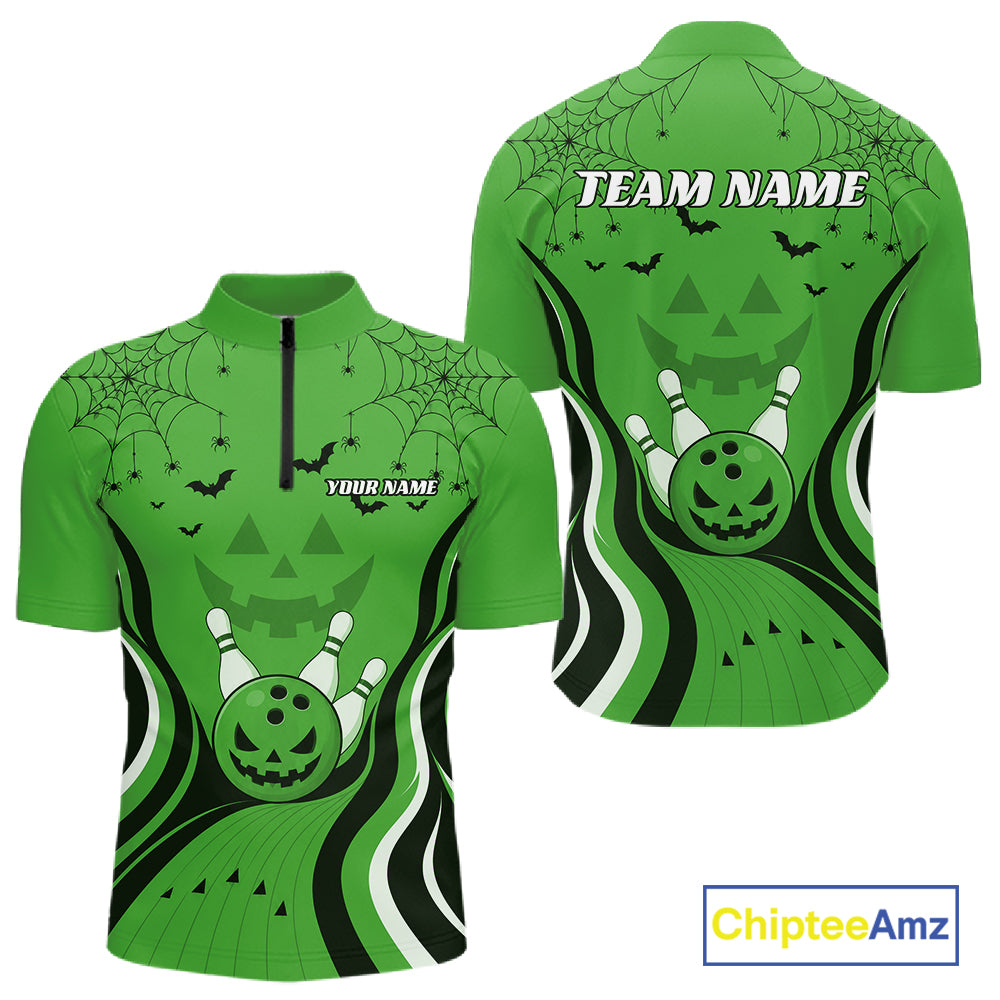 Custom Green Jack O Lantern And Spider Web Halloween Bowling Men Quarter Zip Shirt IPHW11992