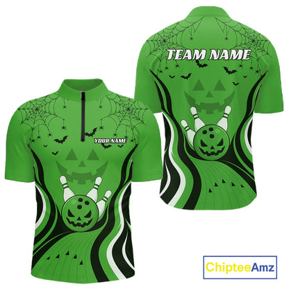 Custom Green Jack O Lantern And Spider Web Halloween Bowling Men Quarter Zip Shirt IPHW11992