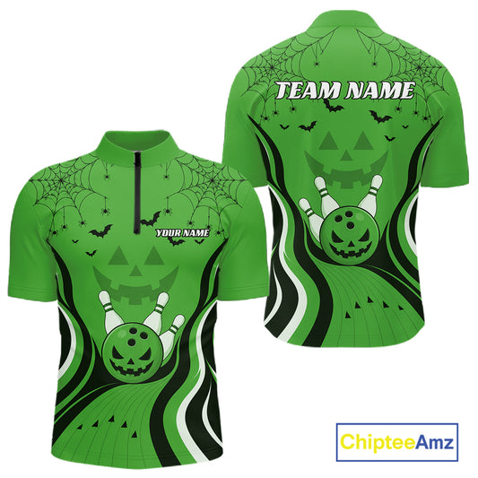 Custom Green Jack O Lantern And Spider Web Halloween Bowling Men Quarter Zip Shirt IPHW11992