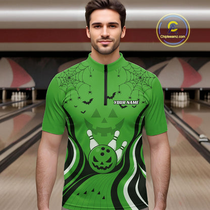 Custom Green Jack O Lantern And Spider Web Halloween Bowling Men Quarter Zip Shirt IPHW11992