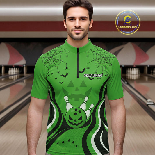 Custom Green Jack O Lantern And Spider Web Halloween Bowling Men Quarter Zip Shirt IPHW11992
