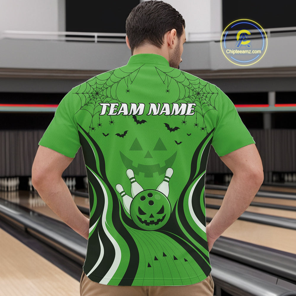 Custom Green Jack O Lantern And Spider Web Halloween Bowling Men Quarter Zip Shirt IPHW11992