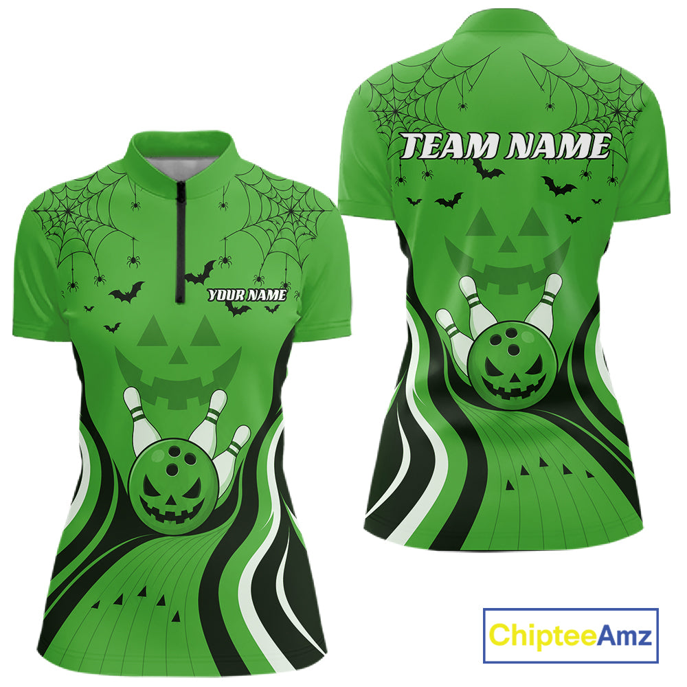 Custom Green Jack O Lantern And Spider Web Halloween Bowling Women Quarter-Zip Shirt IPHW11992