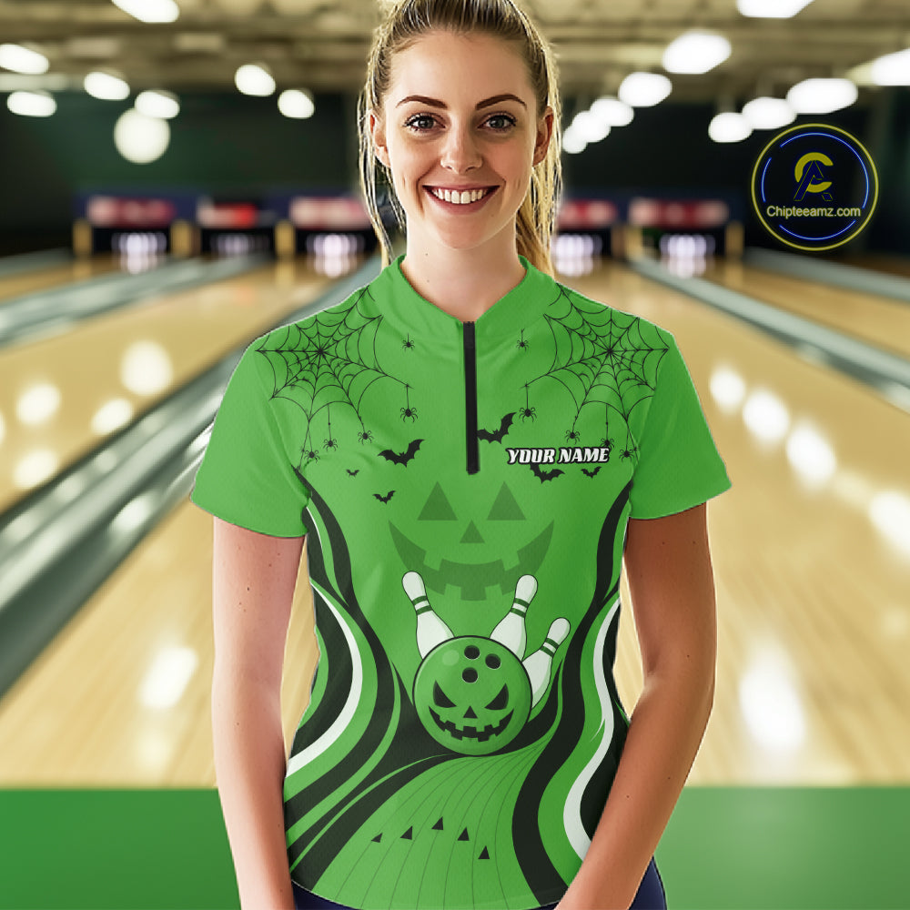 Custom Green Jack O Lantern And Spider Web Halloween Bowling Women Quarter-Zip Shirt IPHW11992