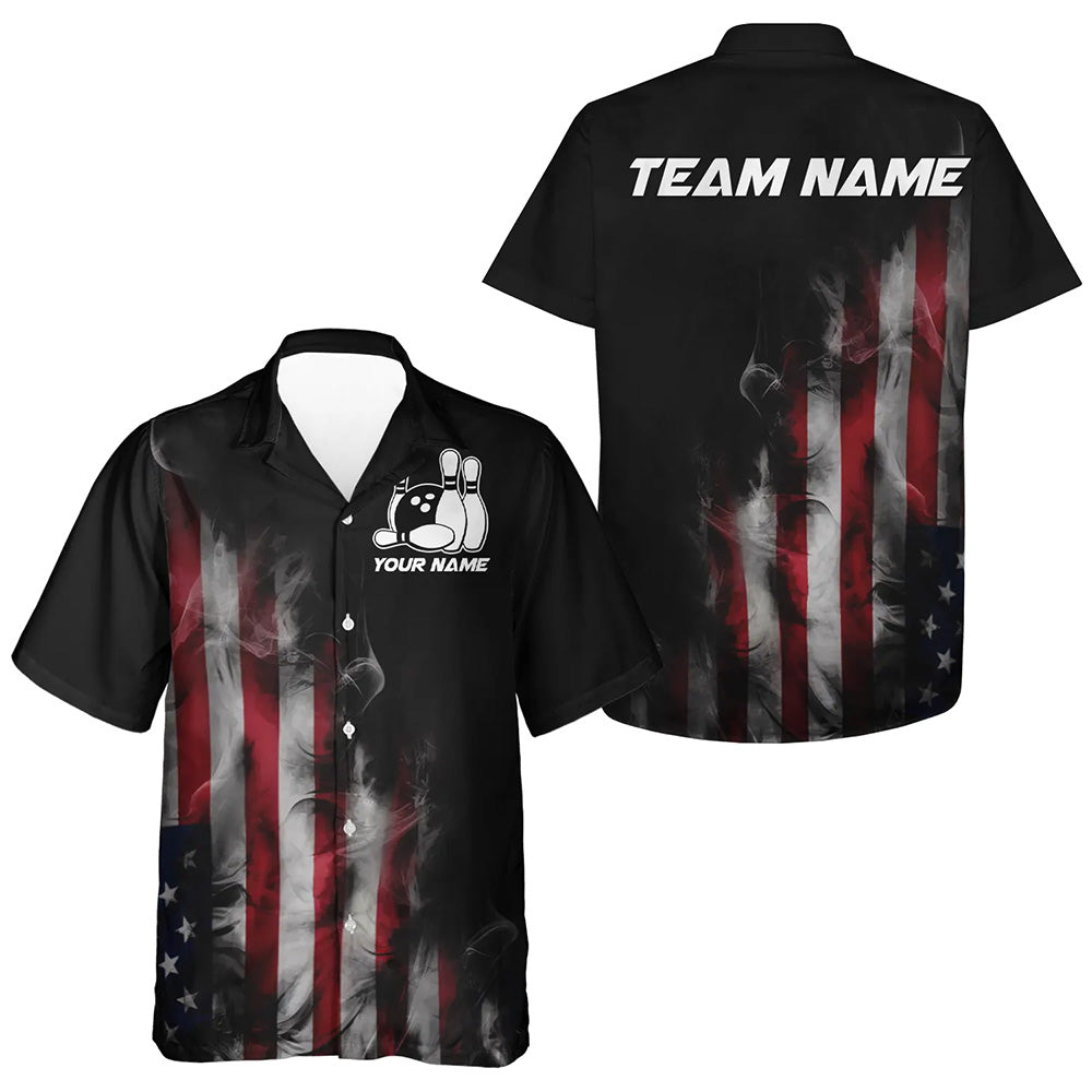 Smoke American Flag Custom Patriotic Bowling Hawaiian Shirts For Men, Us Bowling Team Shirt IPHW7585