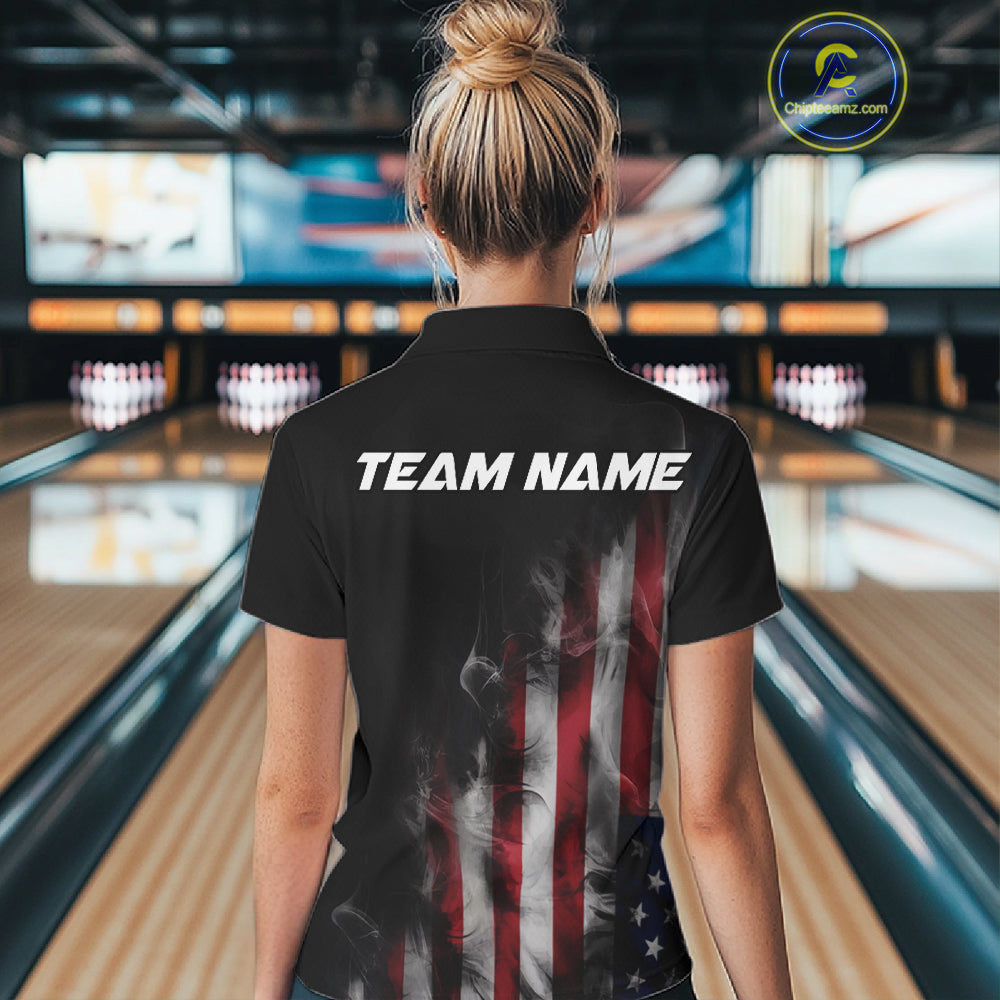 Smoke American Flag Custom Patriotic Bowling Shirts For Women, US Bowling Team Shirt Bowlers IPHW7585