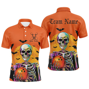 Orange Custom Halloween Bowling Shirts For Men, Skull Bowling Team Shirt Halloween Outfit IPHW7598