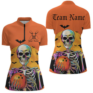 Orange Custom Halloween Bowling Shirts For Women, Skull Bowling Team Shirt Halloween Outfit IPHW7598