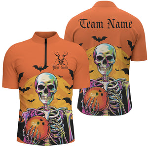 Orange Custom Halloween Bowling Shirts For Men, Skull Bowling Team Shirt Halloween Outfit IPHW7598