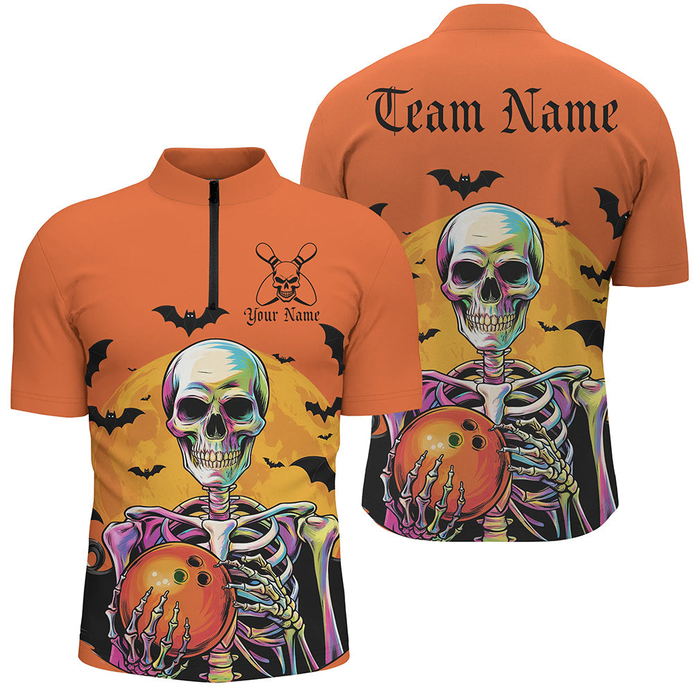 Orange Custom Halloween Bowling Shirts For Men, Skull Bowling Team Shirt Halloween Outfit IPHW7598