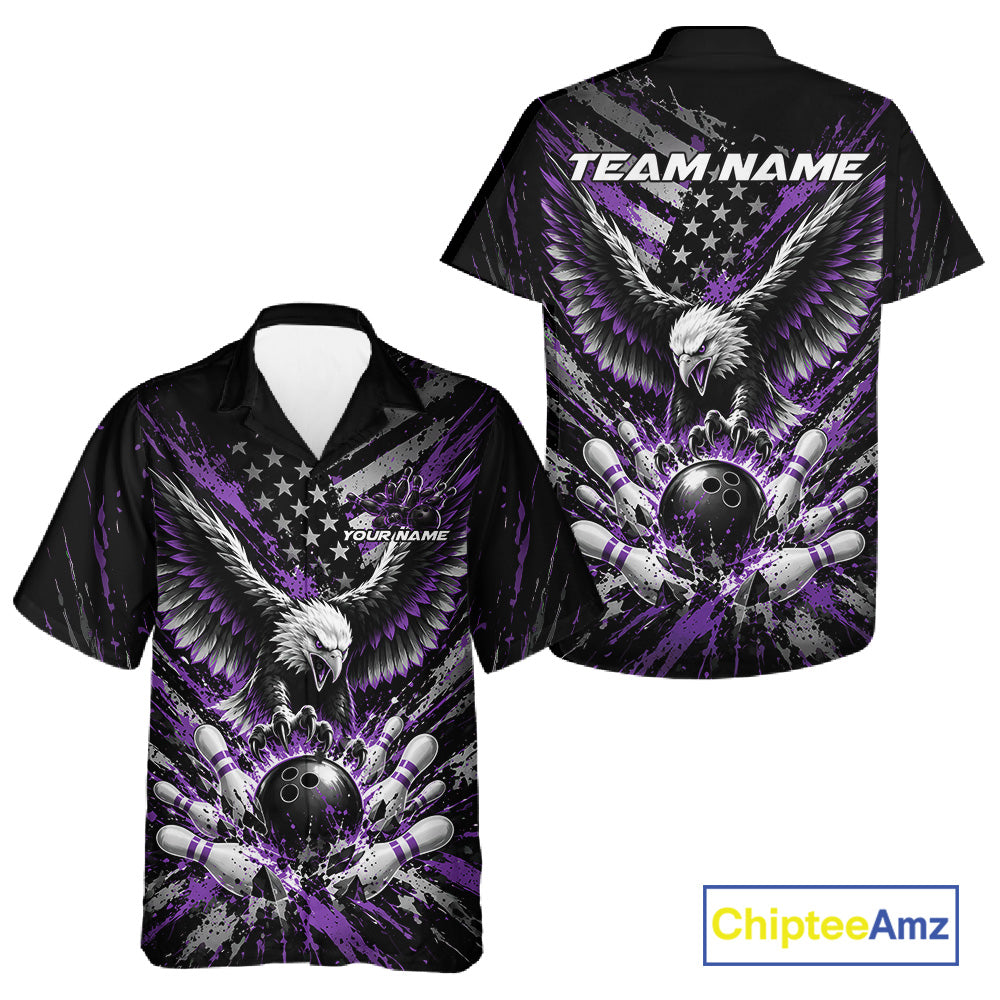 Custom Black And Purple Patriotic Eagle Bowling League Men And Women Button Up Shirt, Team Jersey IPHW12356