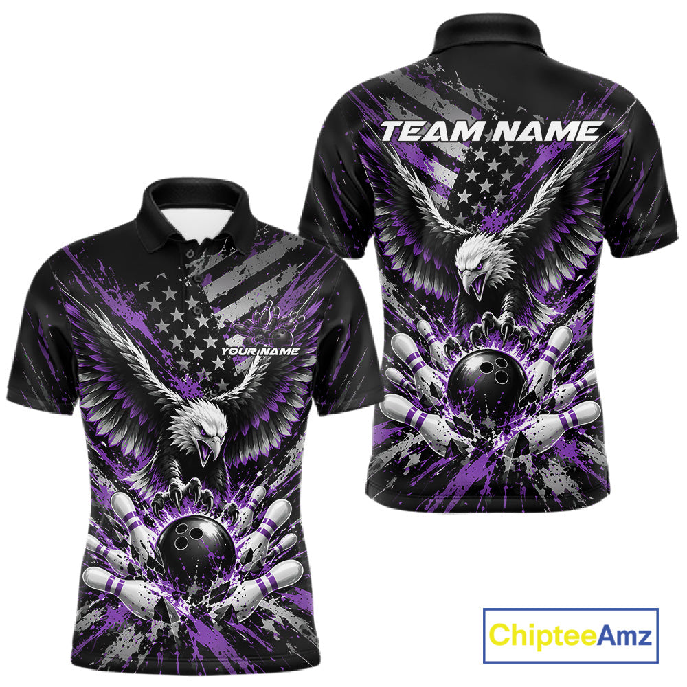 Custom Black And Purple Patriotic Eagle Bowling League Men Polo Shirt, Team Jersey IPHW12356
