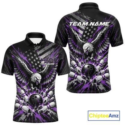 Custom Black And Purple Patriotic Eagle Bowling League Men Polo Shirt, Team Jersey IPHW12356