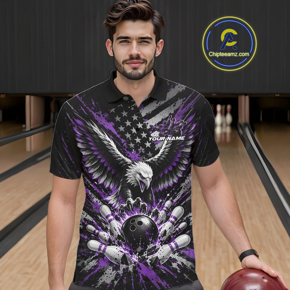 Custom Black And Purple Patriotic Eagle Bowling League Men Polo Shirt, Team Jersey IPHW12356
